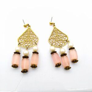 Vintage Czech Glass Chandelier Earrings, Faceted Pink Satin Atlas Glass Beads Dr
